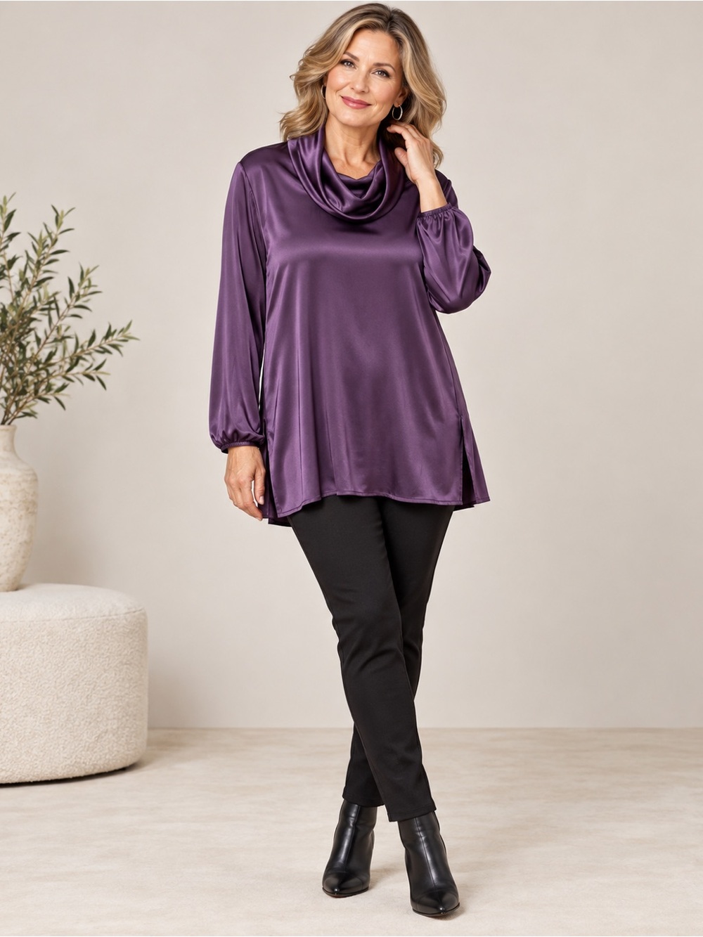 CHICO’S PURPLE LONG SLEEVE COWL NECK SATIN BLOUSE TUNIC SIZE 3/16 XL HOLIDAY